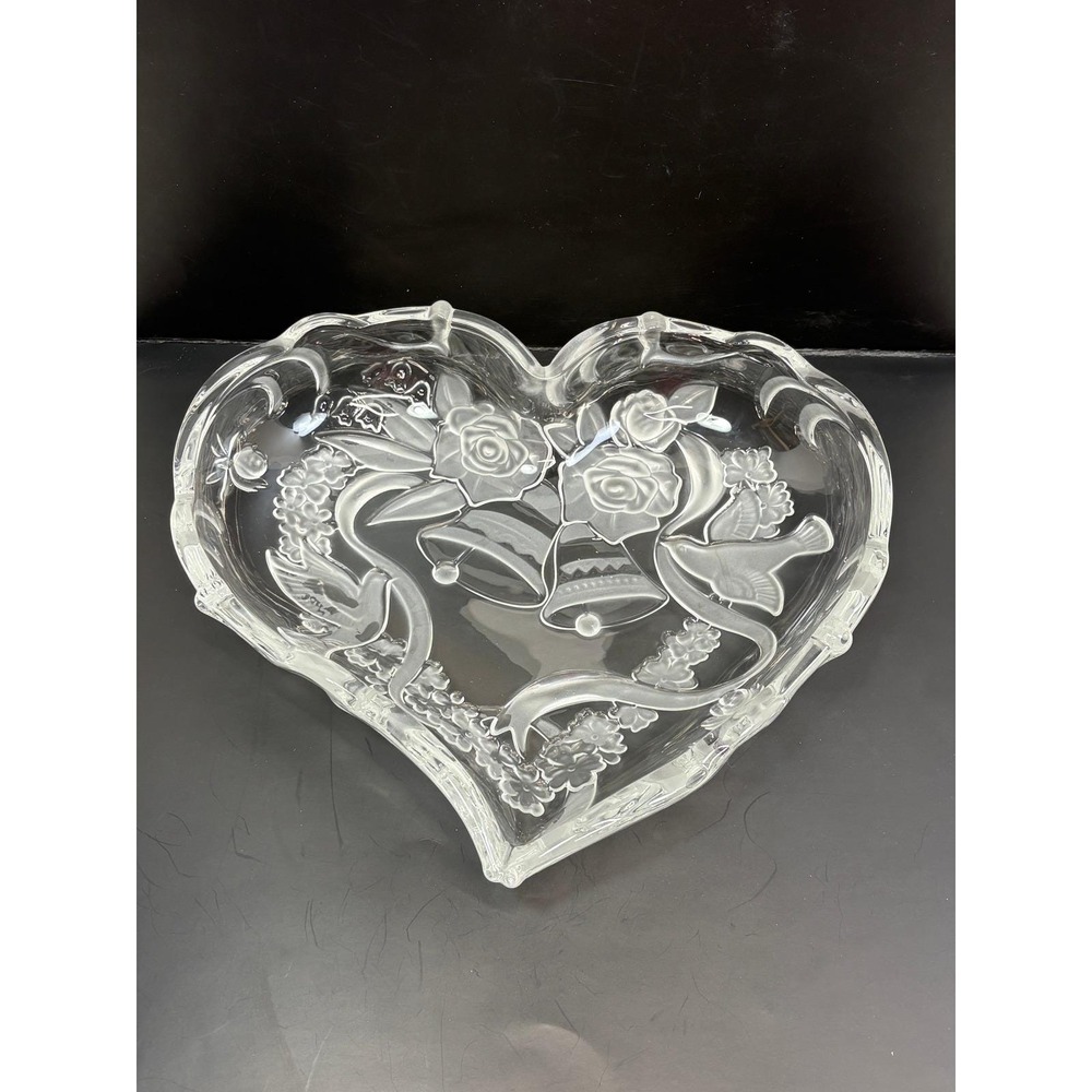 Heart Shaped Glass Bowl Frosted Wedding Bells Roses Doves Clear Dish Decor